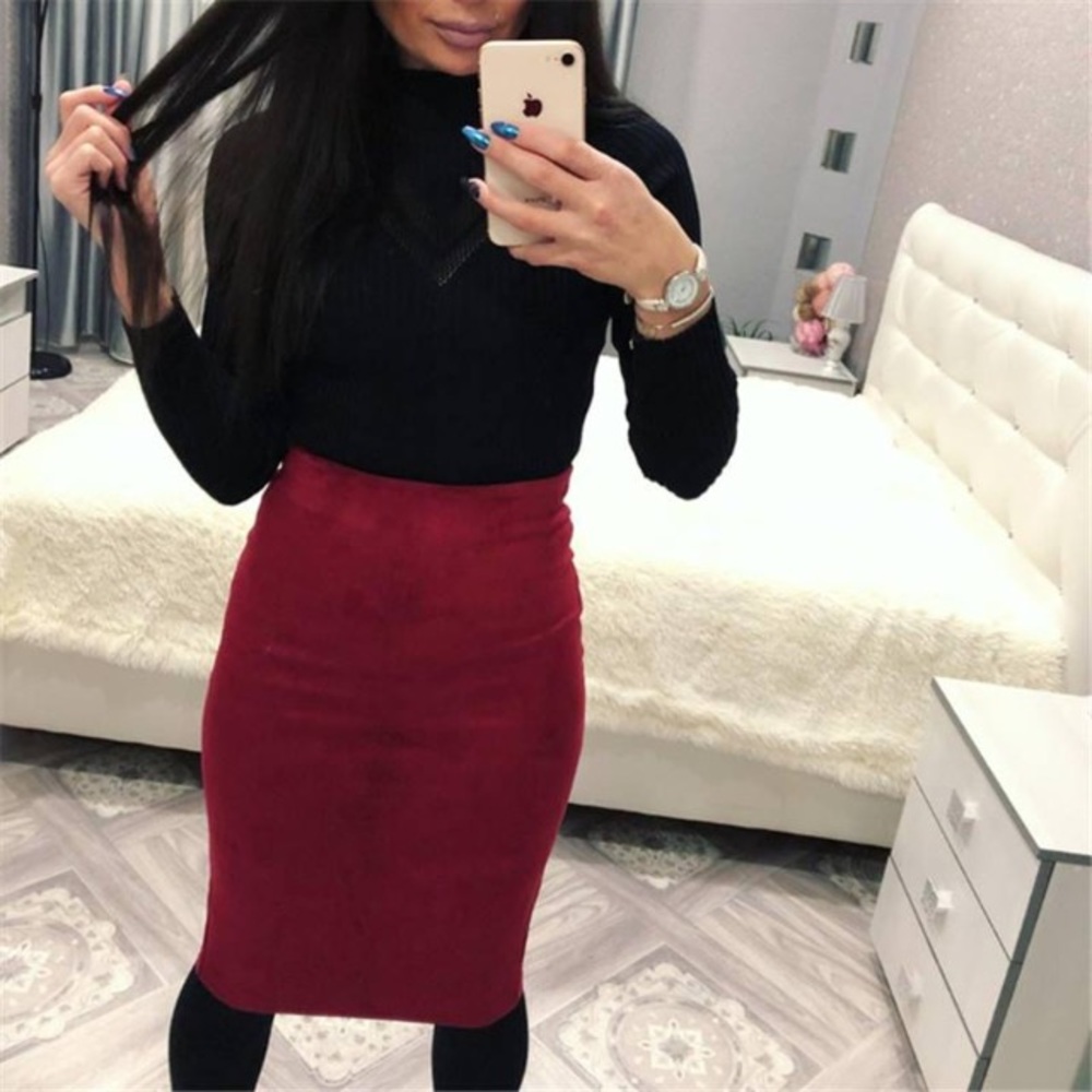 Burgundy High Waisted Suede Pencil Skirt